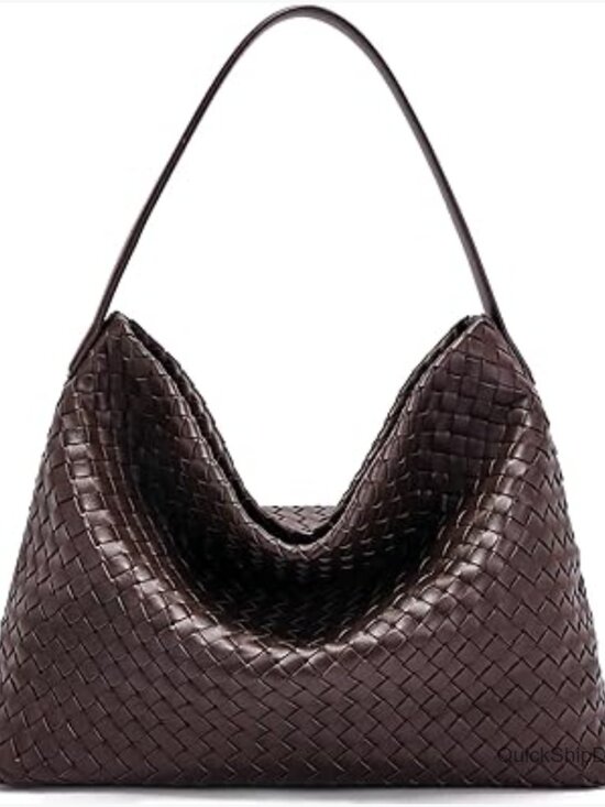 Handbags - Vegan Leather Woven Tote Bag with Adjustable Strap and Pockets